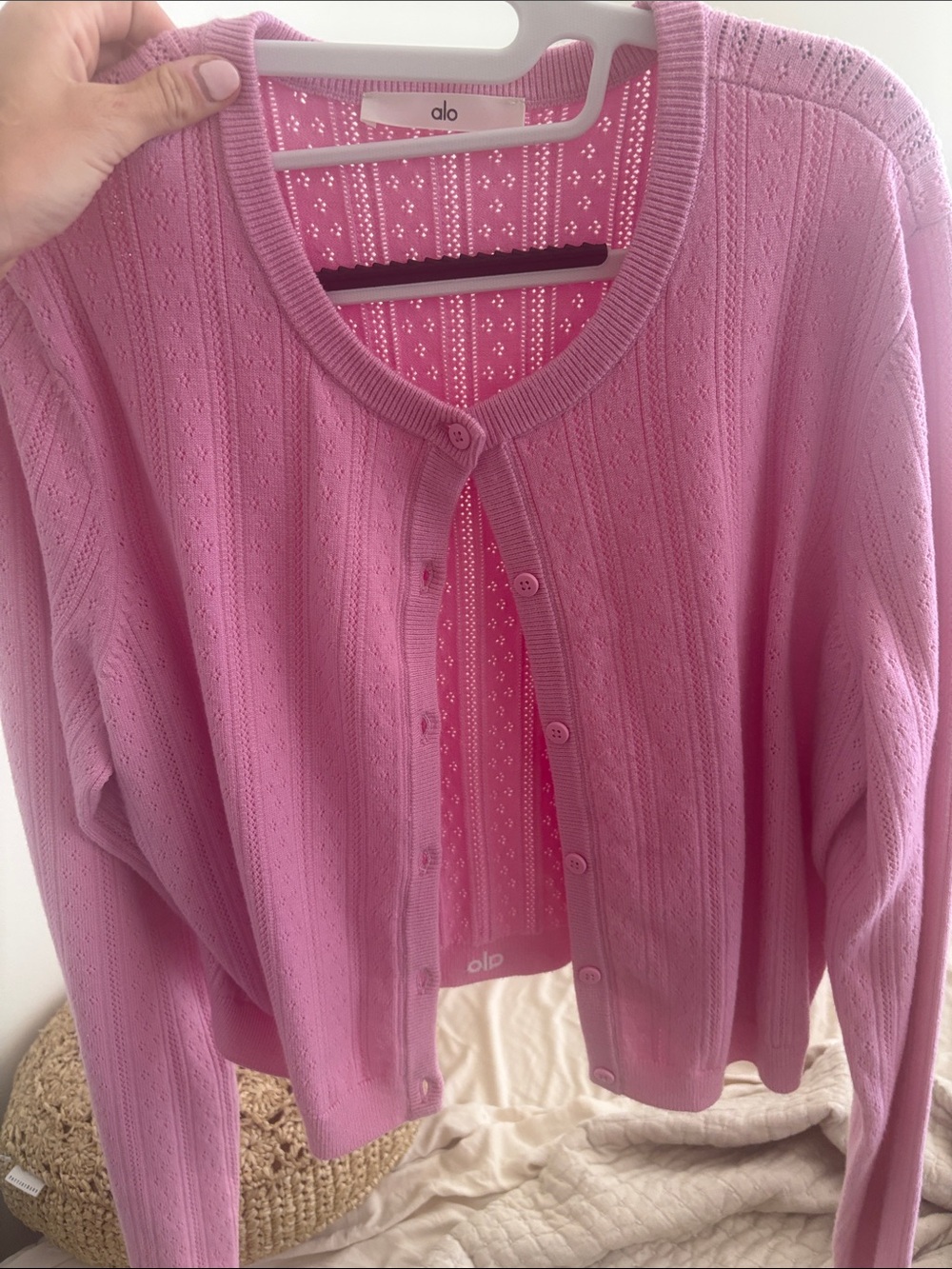 ALO Yoga Pink Pointelle Button Cardigan